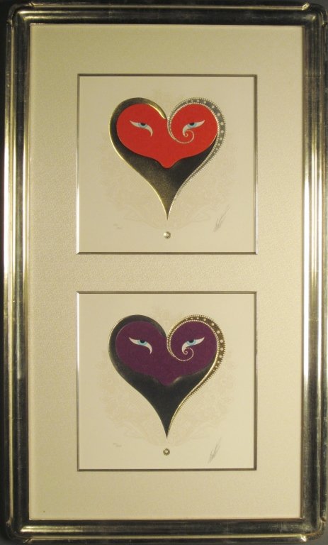 Romain "ERTE" de Tirtoff (1892–1990): Romain "ERTE" de Tirtoff (1892–1990) Russian-born French artist "Heart I - Purple" & "Heart II - Red" serigraph Signed and numbered: Erte, 199/ 300 & 193/300 Image Size: Height: 12", Width: 12" Sign