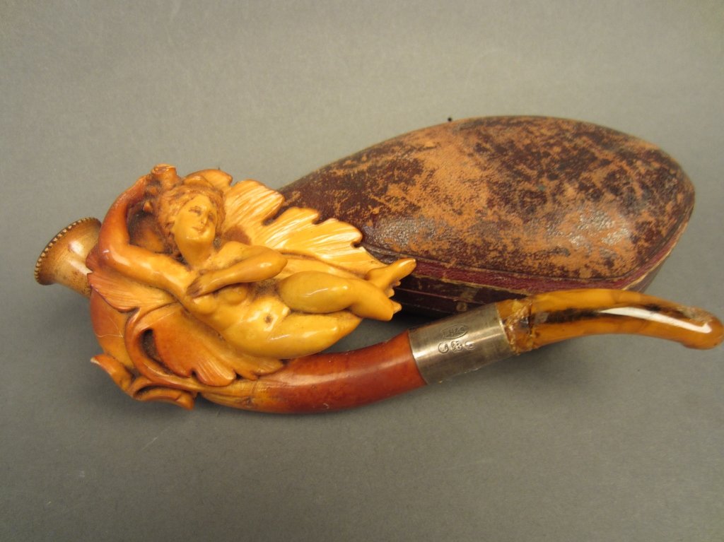 Meerschaum Pipe, Art Nouveau Design: Antique meerschaum smoking tobacco pipe, carved floral Art Nouveau design of reclining nude woman, in fitted case. Length: 5 3/4"