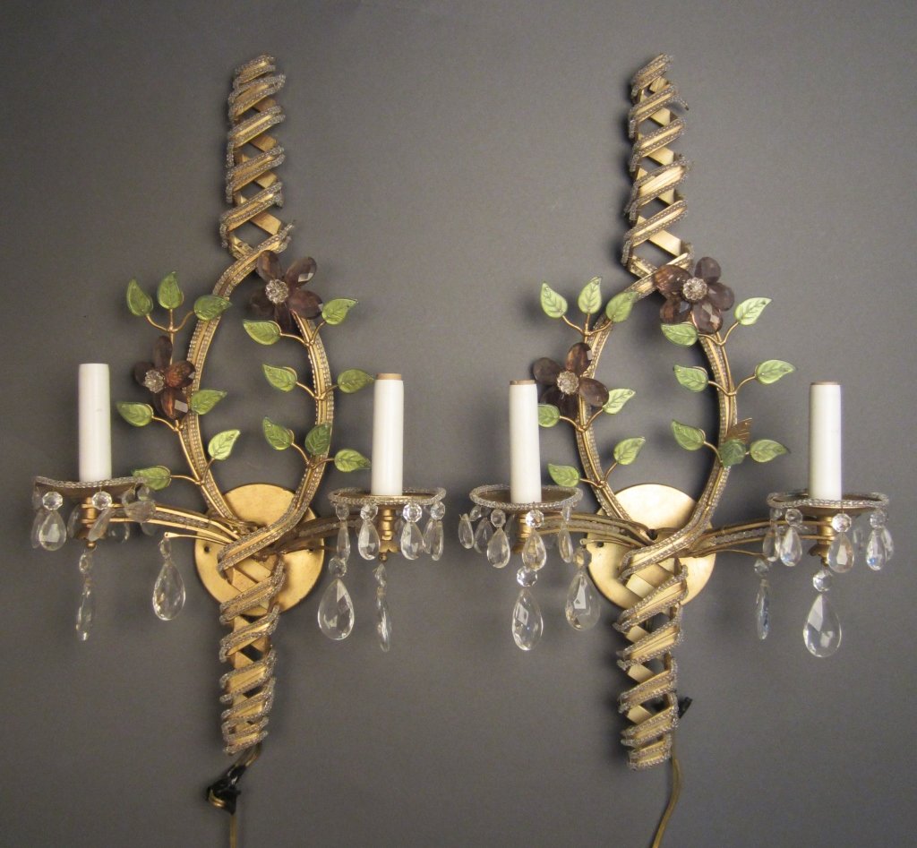 Pair Cut Glass and Iron Sconces: Pair cut glass and iron sconces. Continental 20th Century Height: 24", Width: 13"