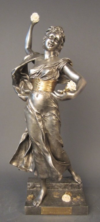 Dore & Silver Over Bronze Woman w/ Ivory Flowers: A. Levasseur, French 19th Century "Bataille De Fleurs" Dore & silver over bronze woman with ivory flowers Height: 25 1/4", Width: 12 1/2"