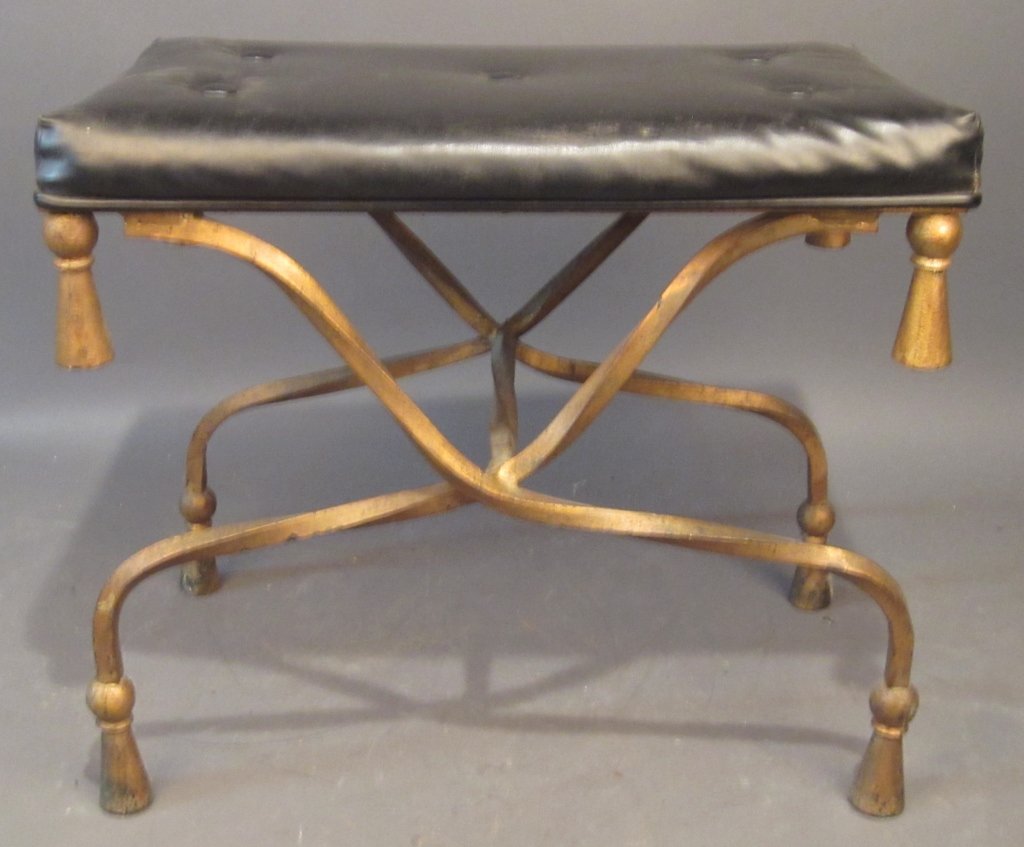 Metal Vanity Bench, American: Metal vanity bench with gilt and tassel design, American Made by: Creative Metal Products, Inc. Height: 16 1/2", Width: 19 1/2"