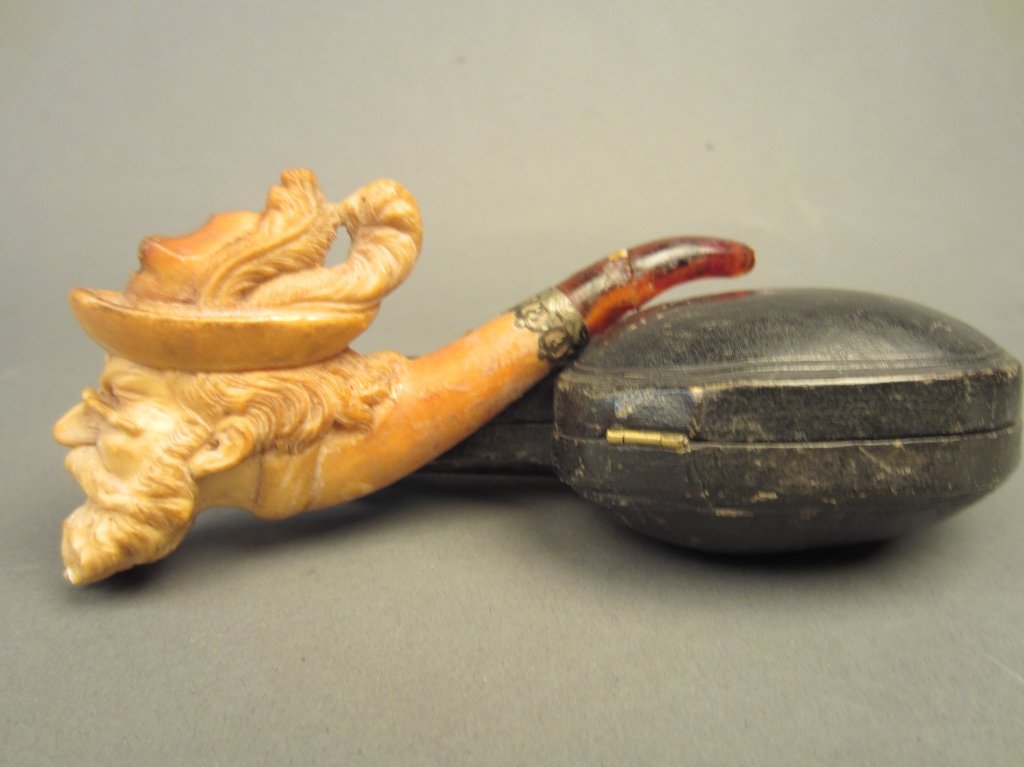 Meerschaum Pipe, Carved as a Bust of a Man: Antique meerschaum smoking tobacco pipe, carved as a bearded man with glasses and hat, in fitted case. Length: 4 1/4"