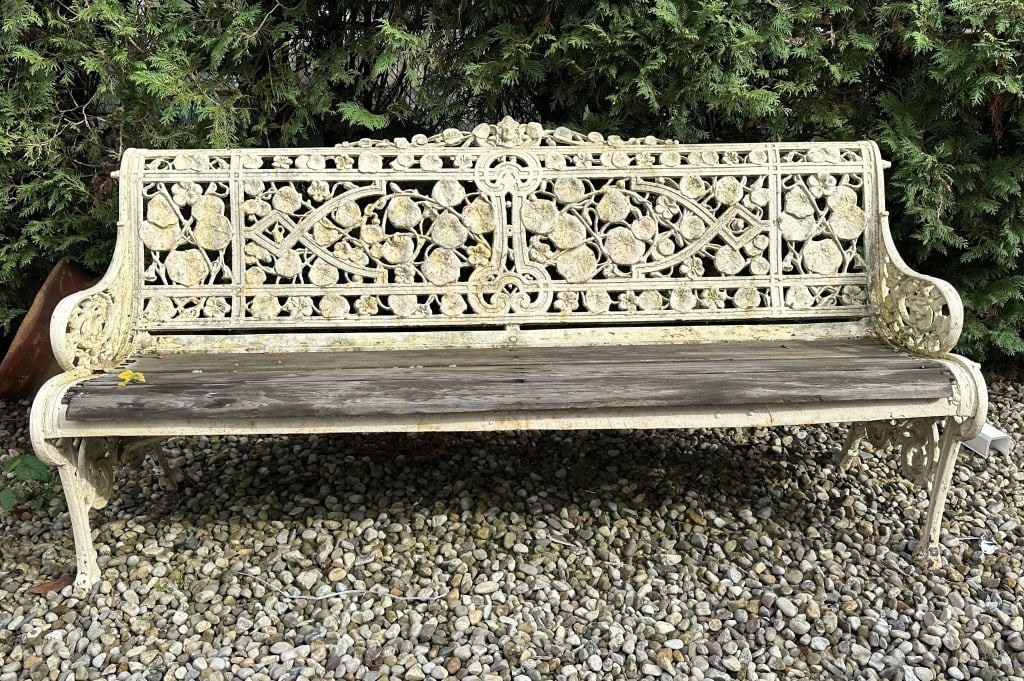 Cast Iron Victorian Bench White cast iron Victorian garden bench. Wooden slats as sear. Flower and (1 of 4)