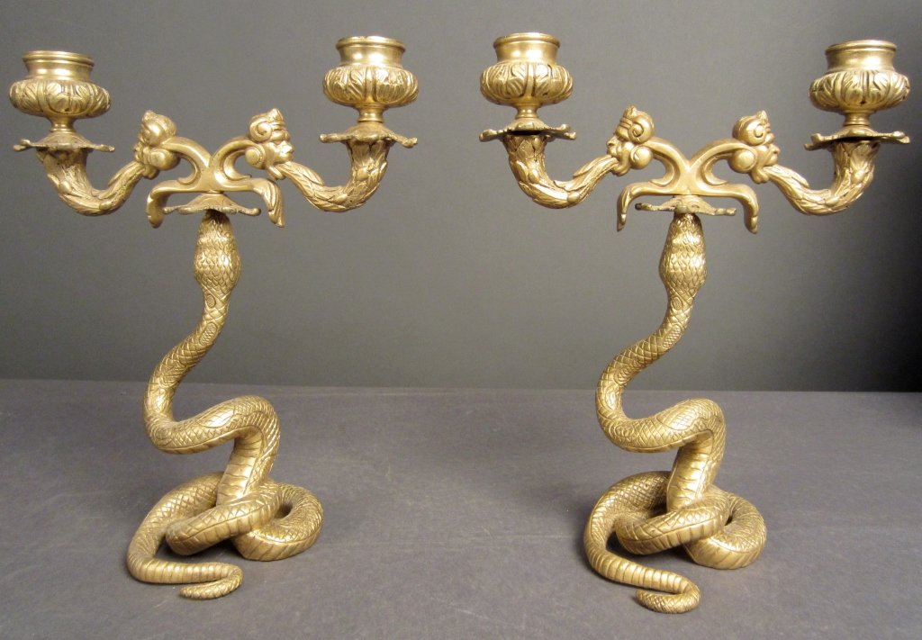 Pair of Dore Bronze Candelabras, French 19th C: Pair of dore bronze Grand Tour candelabras, French, 19th Century Height: 9", Width: 7 ¼"