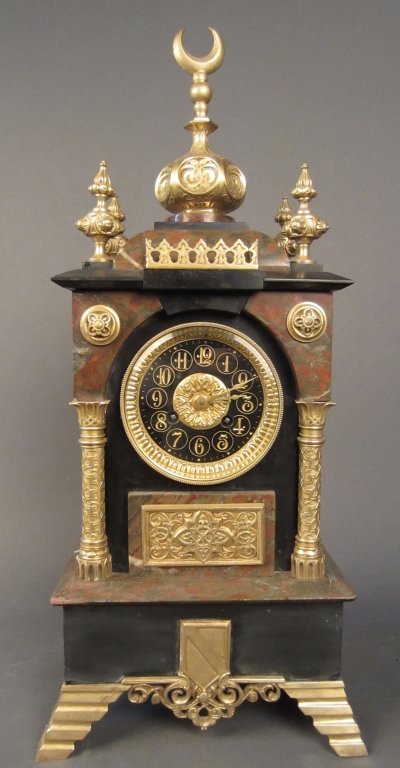 Orientalist Marble and Dore Bronze Clock, 19th C: Orientalist marble and dore bronze clock. French 19th Century Height: 22 1/2", Width: 10"