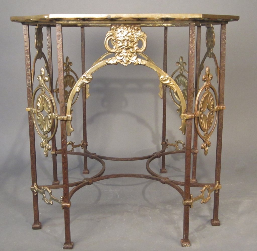 Oscar Bach Style Iron & Bronze Table, circa 1910: Oscar Bach style iron & bronze glass top table. circa 1910 Height: 20 5/8", 20 3/8"