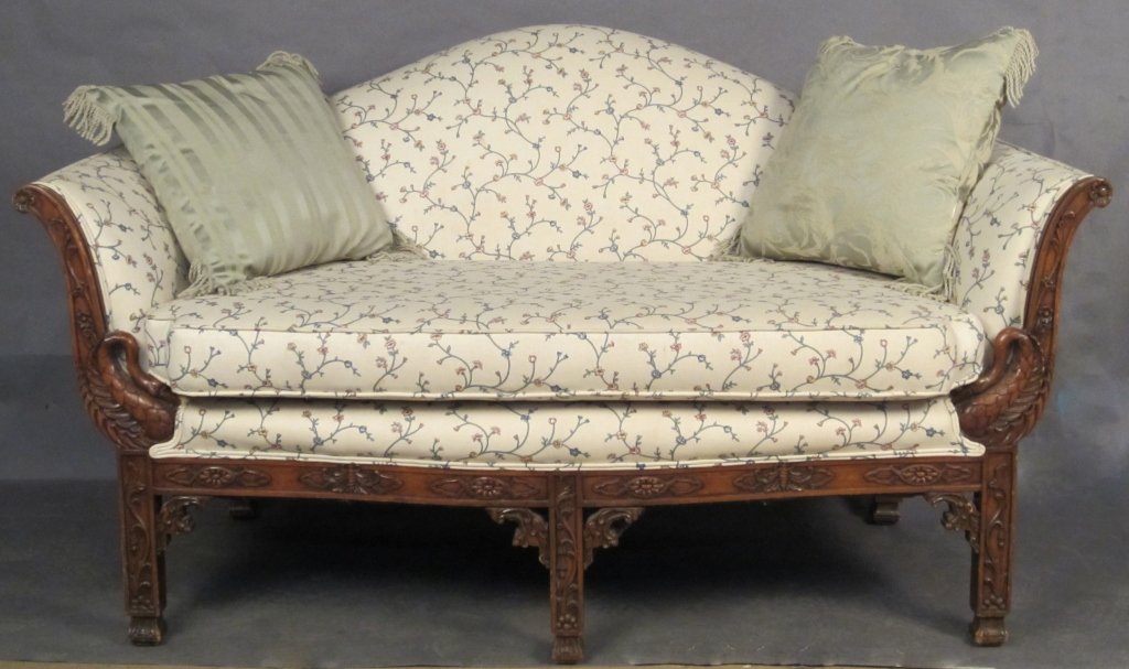 Settee, circa 1920: Carved mahogany settee with swan detail, circa 1920 height 33 1/2", width 56" Seat: height 18"