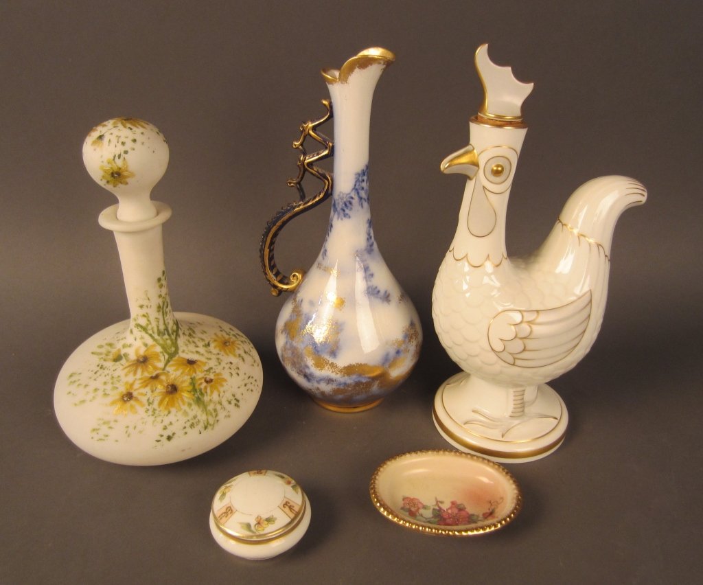 Collection of Hand Painted Glass and Porcelain: Collection of 5 hand painted vessels Makers marks include: George Jones & Sons, Nippon, & Denmark Heigts vary: