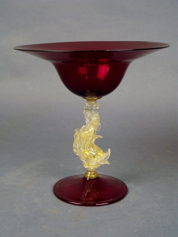 Venetian Compote: Venetian glass compote, mid century height 9 3/4", top diameter 9 1/2"