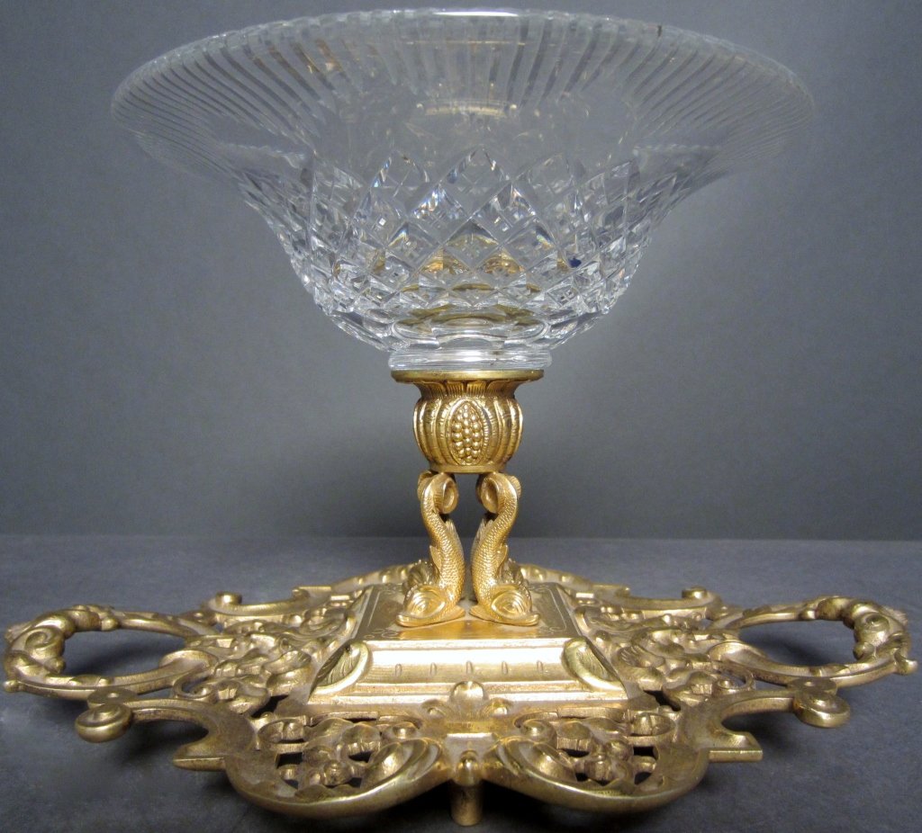 Dore Bronze and Cut Glass Compote, French 19th C: Dore bronze and cut glass compote, French, 19th Century Signed Geschutzt Height: 6 1/2", Width: 9 1/2"
