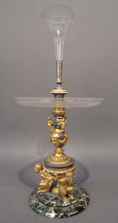 Dore and Silver Over Bronze Center Piece, Caldwell: Dore and silver over bronze and etched glass center piece on marble base. Cadwell. American circa 1910 Height: 18 1/4", Width: 8 1/2"