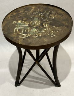 Philip And Kelvin LaVerne Side Table Philip and Kelvin LaVerne round side table with urn and floral: Philip and Kelvin LaVerne round side table with urn and floral design. Signed. 18" x 21.5" STERLING ASSOCIATES STRIVES TO PROVIDE ACCURATE, OBJECTIVE, & FAIR INFORMATION ON ALL LOTS. WE WILL BE HAPPY