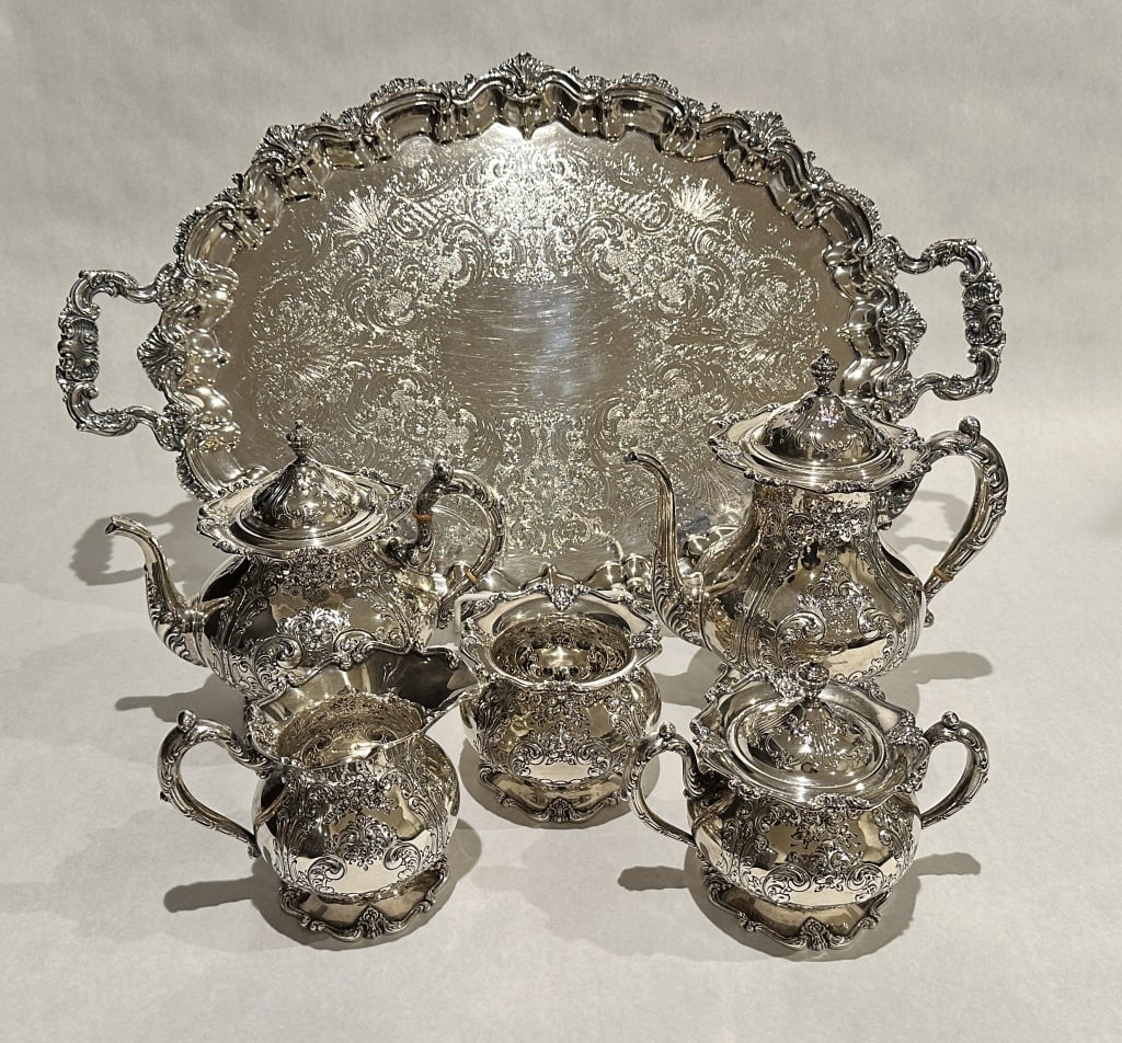 Hand Chased Sterling Silver Tea Set By Ellmore 5-piece set sterling silver set, "Hand Chased" by (1 of 6)