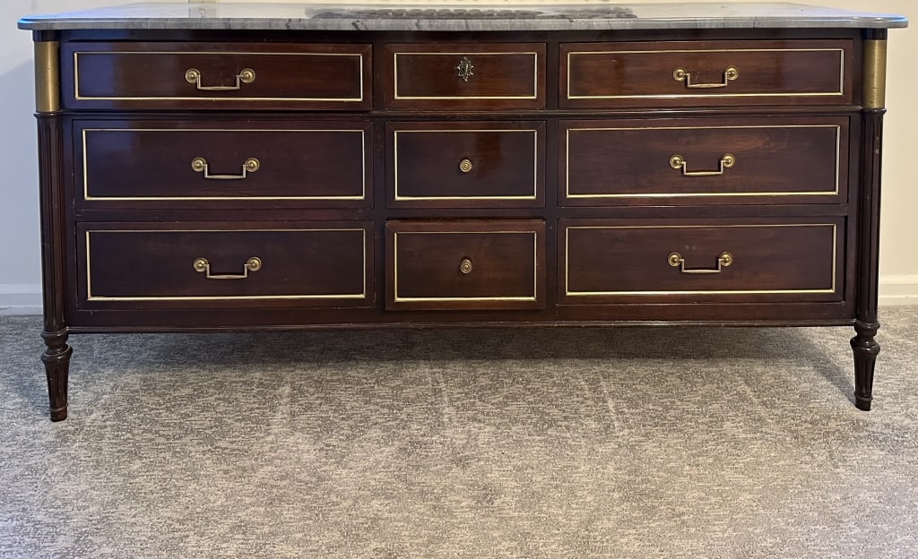 Jansen Marble Top Regency Dresser Antique Jansen style marble top Regency dresser. Mahogany case (1 of 5)