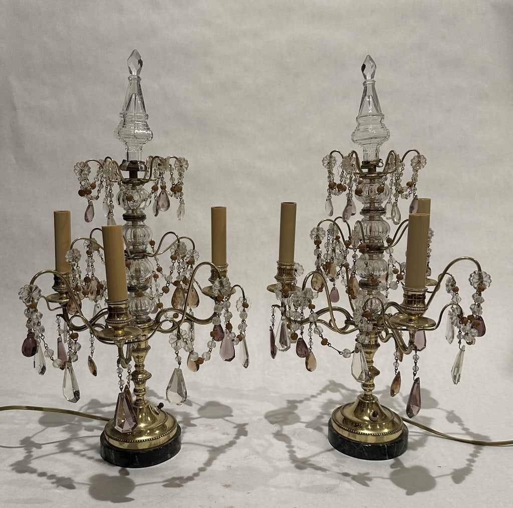 Pair Of Brass And Cut Glass Girandoles Pair of antique brass and cut glass girandole lamps mounted (1 of 4)