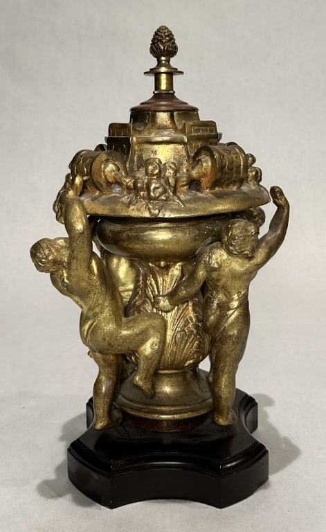 Bronze Figural Garniture Vintage figural bronze garniture, boys climbing urn. H. 15" STERLING (1 of 3)
