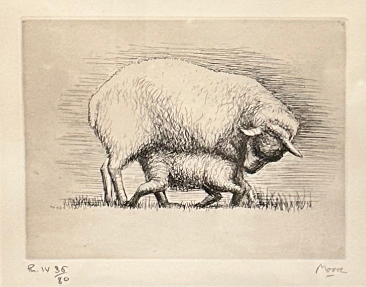 Henry Moore, "Sheep With Lamb" Henry Moore (1898-1986) Sheep With Lamb IV 35/80  etching with (1 of 6)