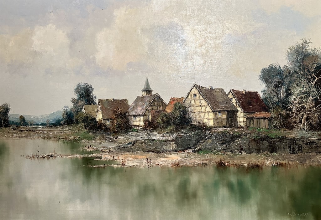 Lakeside Village Scene O/C By Bauer W. Bauer (b.1920) German. Lakeside village scene. O/C.  Signed. (1 of 5)