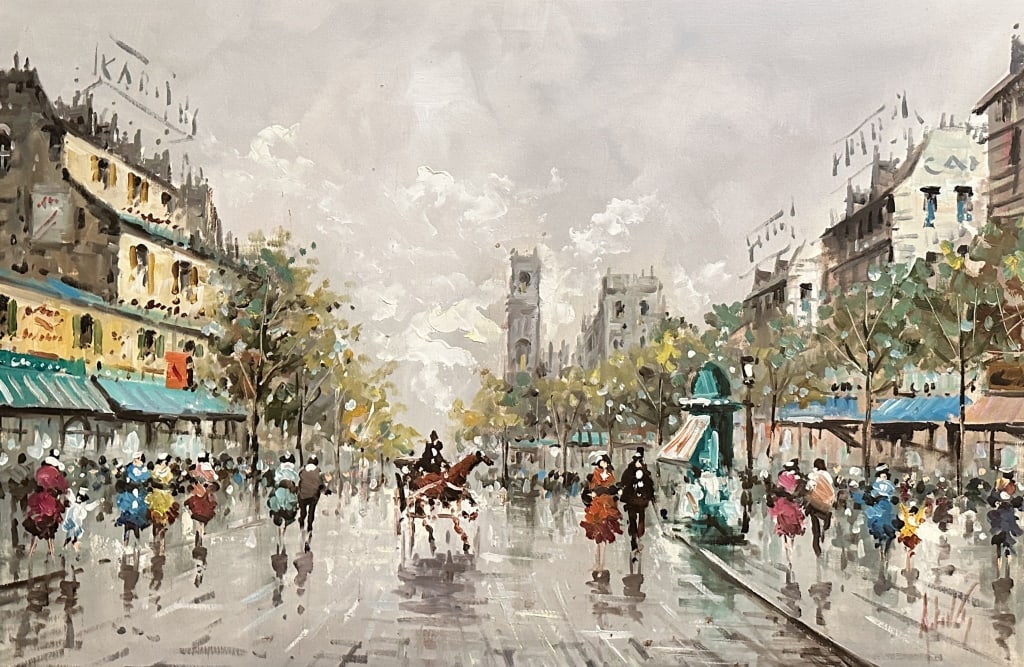 Painting O/C Large Parisian Street Scene Painting O/C Parisian streetscape. 20th century. Signed (1 of 4)