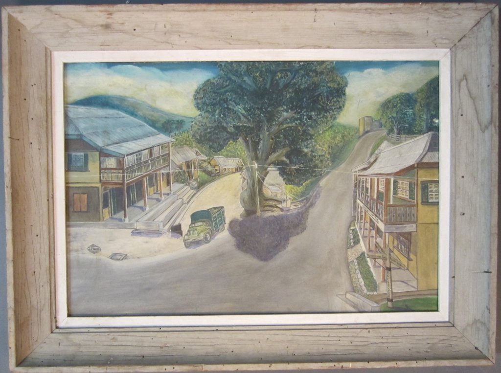 Gaston Tabois, Jamaican 20th C: Gaston Tabois, Jamaican 20th C O/B Jamaican Village Signed: G. Tabois Image Size: Height: 15 3/8", Width: 22 3/4"