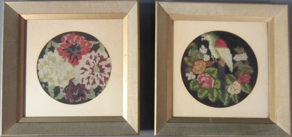 2 Victorian aubusson framed wall hangings: 2 Victorian aubusson framed wall hangings Image Size: Diameter of Flowers: 8 3/4", Diameter of Bird: 9 1/4