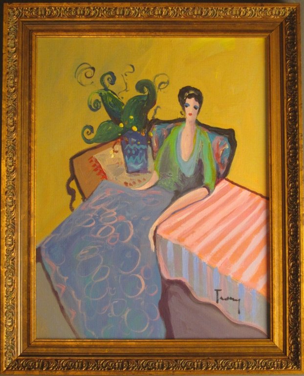 Itzchak Tarkay (1935 - 2012) Israel: Itzchak Tarkay (1935 - 2012) Israel "Elsie" O/C with certificate of authenticity, Signed: Tarkay Image size: Height: 17 1/2", Width: 13 1/2"