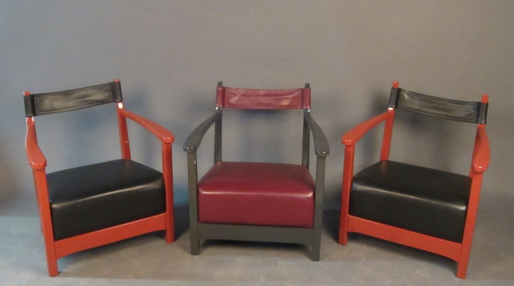 Set of 3 Modern Designer Azucena Chairs, Italian: Set of 3 modern designer Azucena chairs, Italian Luigi Caccia Dominioni 1973. Wood frame has high gloss lacquer finish with matte leather cushion. Height: 25 1/2", Width: 22 1/2"