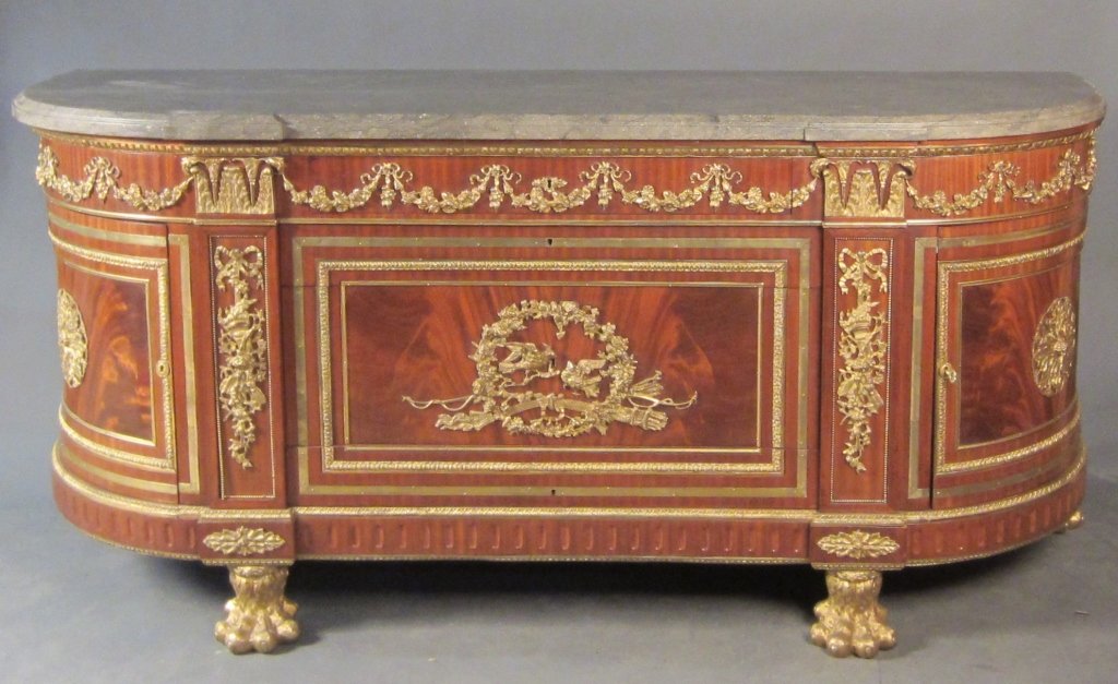Palace Commode, Loius XVI style, circa 1920: Marble top gilt bronze mounted palace commode, Loius XVI style, circa 1920. After the model by Guillaume Benneman. Height: 37 3/4", Width: 84"