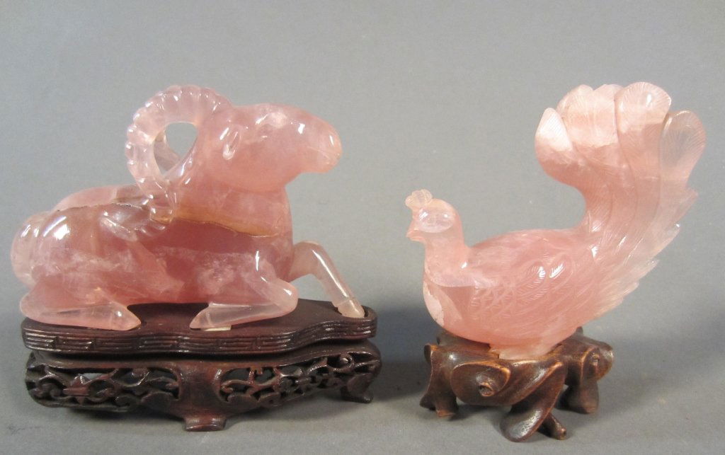 Set of 2 Carved Rose Quartz Animals on Bases: Set of 2 Chinese carved rose quartz animals on bases. minor losses Heights: 3 1/4" & 3 1/2"