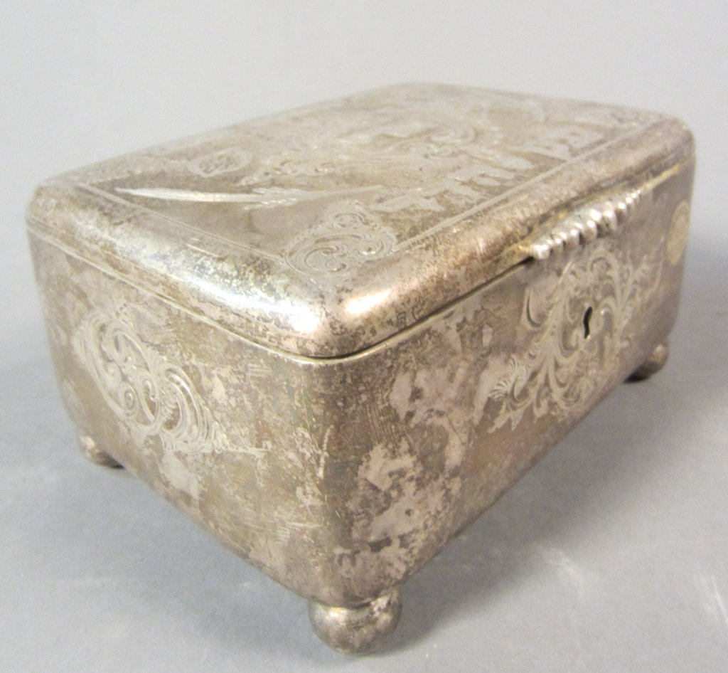 Jewish Sterling Silver Box w/ Dore Inside: Jewish sterling silver hinged box w/ dore inside. 19th Century. Maker's mark on bottom. Height: 3 1/2", Width: 6 3/8"