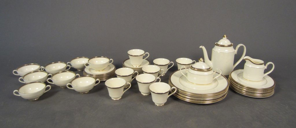 Collection of Fine China: 51 piece set of St. James Minton Bone China, service for 8. 1 cup is cracked and chipped