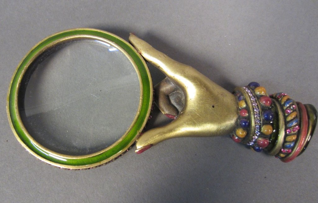 Enameled and Bejeweled Magnifying Glass: Enameled and bejeweled magnifying glass. 20th Century. Makers mark stamped on end Length: 4 1/4", Width: 2 1/8"