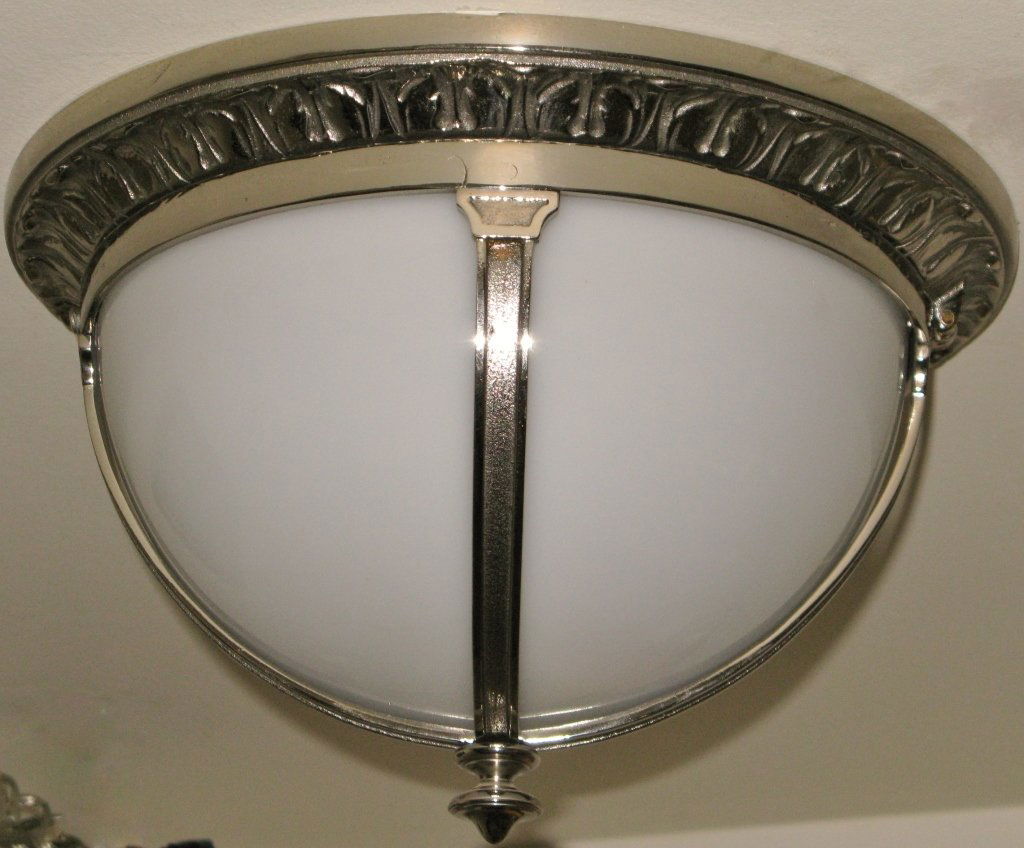 Nickel over Bronze Ceiling Light, circa 1910: Nickel over bronze and glass dome ceiling light, circa 1910, American hinged for access of light height 7", width 14"