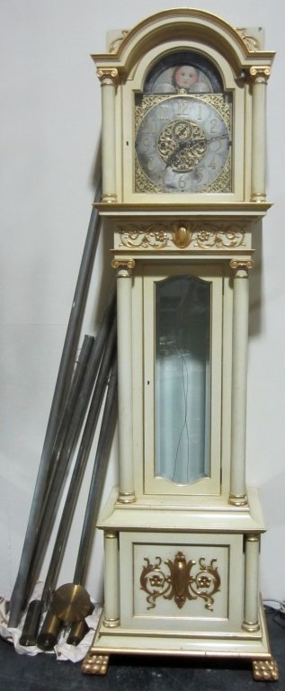 Nelson H. Brown Grandfather Clock: Painted and gilt wood grandfather clock by: Nelson H. Brown, Boston , USA Height: 88", Width: 27"