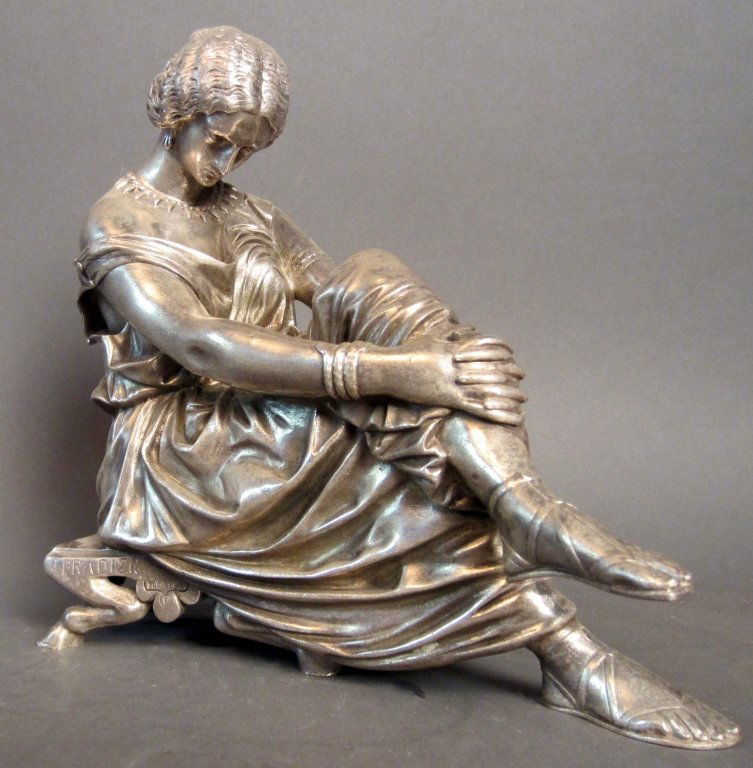 Jean-Jacques Pradier (1790-1852) French: Jean-Jacques Pradier (1790-1852) French Silver over bronze sitting on bench. Signed Height: 8 1/2", Width: 9"