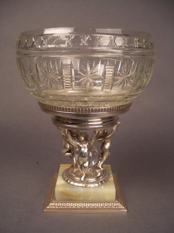 Figural Center Piece: Pairpoint figural center piece, circa 1910 silver plate, onyx, and cut glass Height 11", Width 8 1/4"