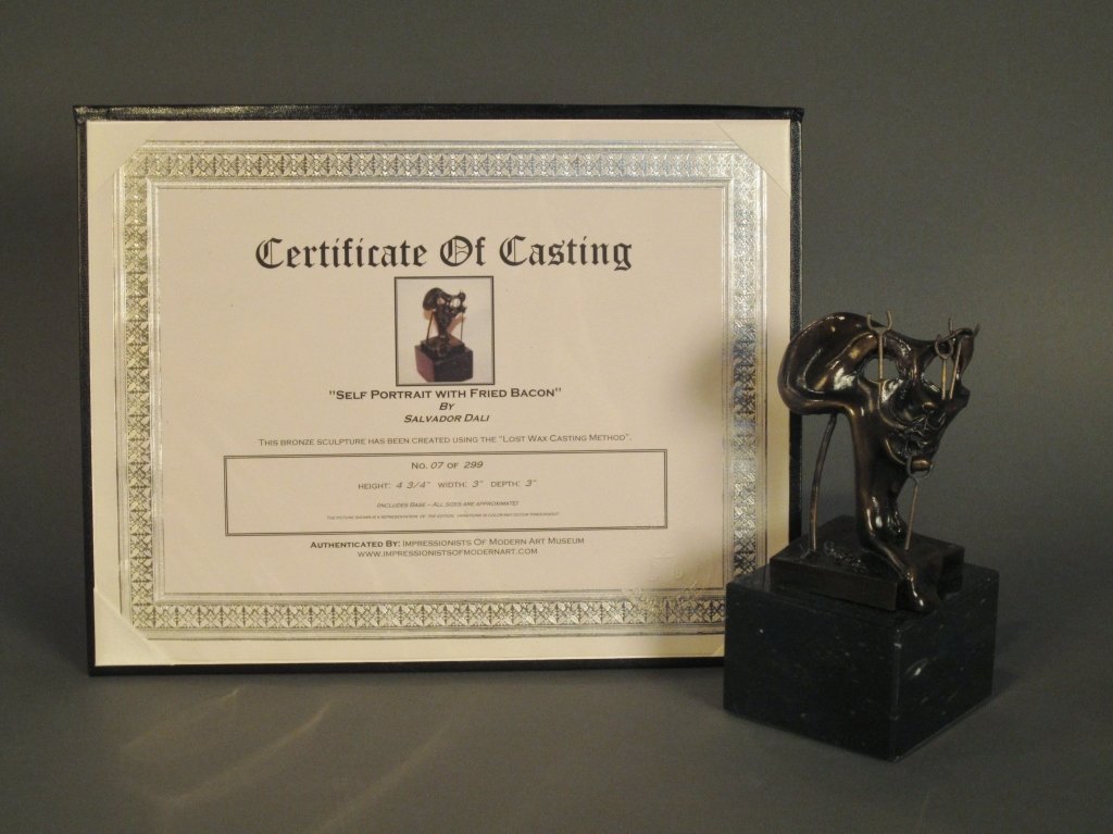 Dali "Self Portrait w/ Fried Bacon" Bronze Sculp.: Salvador Dali (1904-1989) Spain "Self Portrait with Fried Bacon" Bronze sculpture with certificate of authenticity Signed & Numbered: Dali, 7/299
