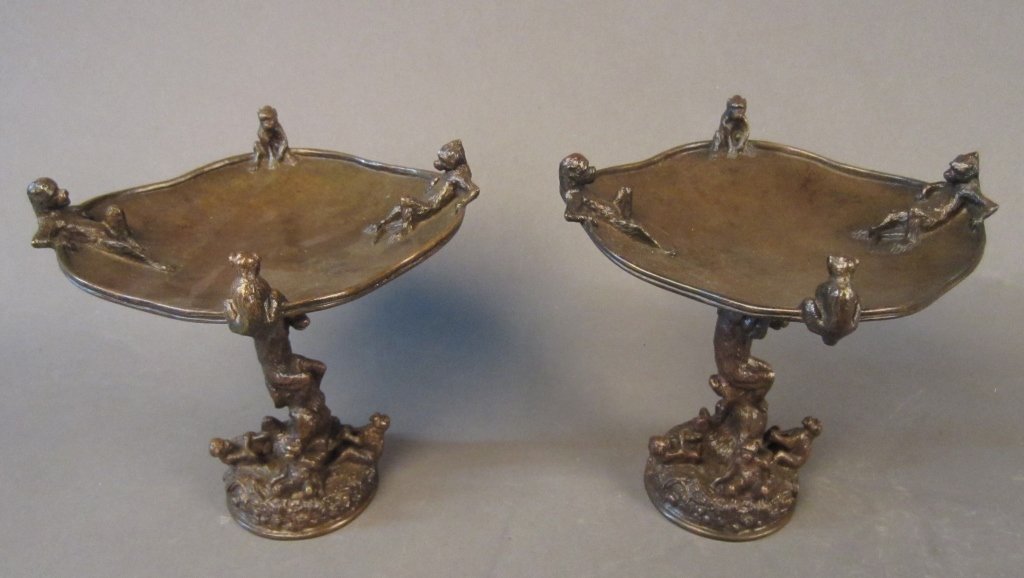 Pair Patinated Fratin Compotes w/ Monkey Design: Christophe Fratin (1801-1864) French Pair patinated Fratin compotes surmounted by monkey figures. Each compote has 4 additional monkeys on top. Height: 6", Width: 6"
