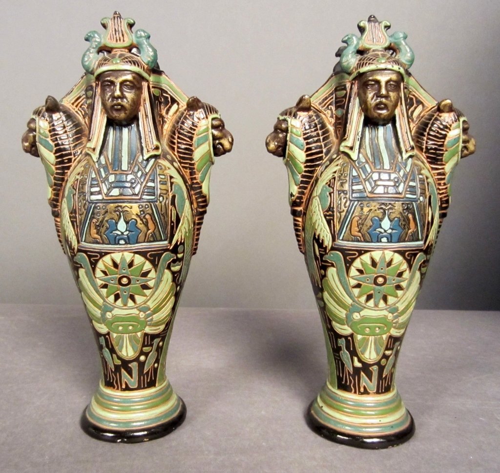William Shiller & Son, Austrian, 19th C, Vases: William Shiller & Son, Austrian, 19th Century Pair Egyptian revival vases Height: 8 ¾"