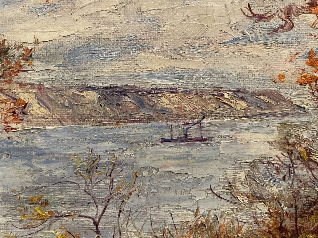Hudson River School, O/B19th Century: 19th century Hudson River School O/B Painting. Oil on board painting riverscape with ship. Unsigned. Unframed. 12" x 9" STERLING ASSOCIATES STRIVES TO PROVIDE ACCURATE, OBJECTIVE, & FAIR INFORMATION O