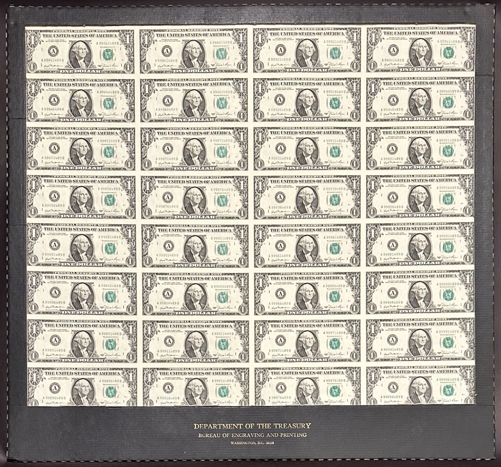 Uncut Sheet of 1981 US $1 Bills (1 of 3)