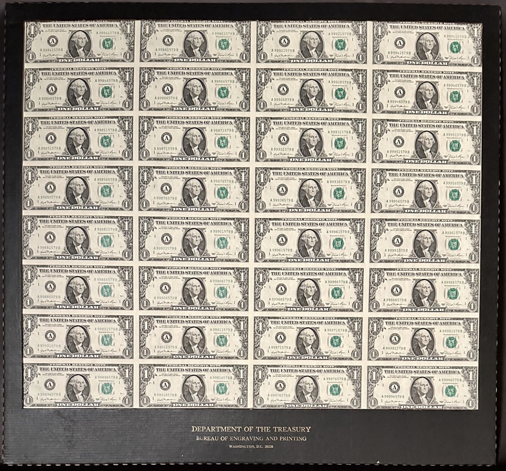 Uncut Sheet of 1981 US $1 Bills (1 of 3)