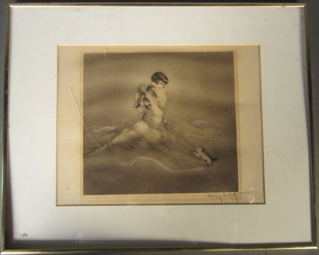 Signed Louis Icart Etching: Signed etching of woman with kittens, embossed emblem on bottom left, French copyright 1926, by Les Graveurs Moderne, Paris Signed: Louis Icart and numbered: 182 Image Size: Height: 9 1/4", Width: 10"