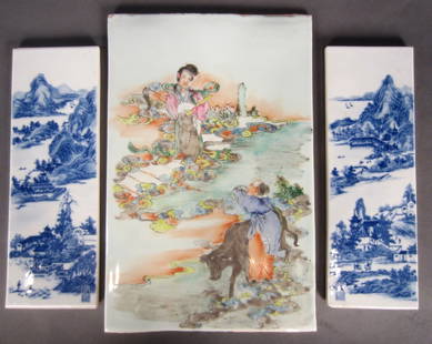 3 Chinese Porcelain Plaques: Pair porcelain blue and white signed plaques along with a multicolored figural painted plaque. Height of larger tile: 15", Width: 9 3/4", Height of smaller tiles: 12 3/8", Width: 4