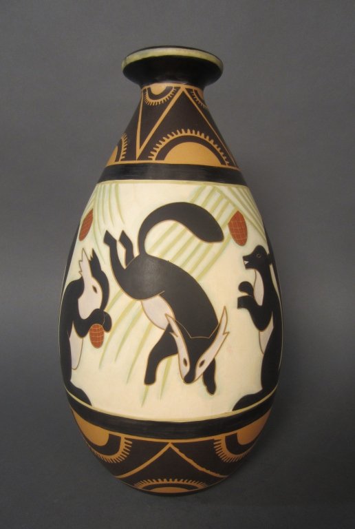Art Deco Vase in the Keramis Style: Art Deco vase in the Keramis style, Belgian w/ painted squirrels with acorns and pine needles decoration. circa 1930 Stamped on bottom: Keramis Made in Belgium, signed: Ch. Catteau D. 1366 LD.