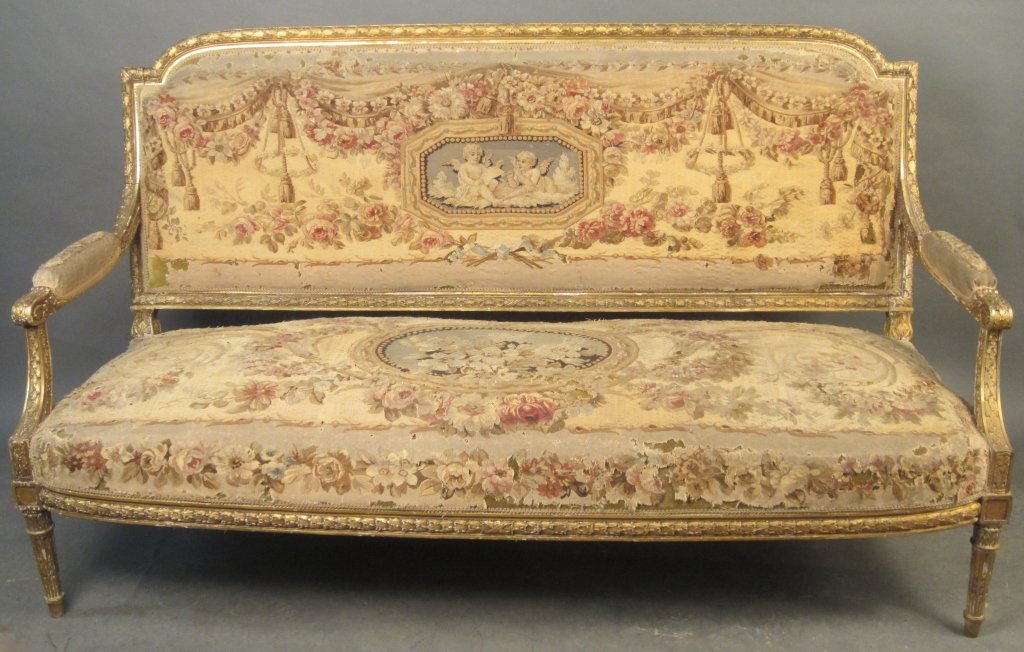 Louis XVI Style Aubusson Settee, French 19th C: Louis XVI style gilt and aubusson settee, 19th Century French. aubusson is AS IS CONDITION Height: 38 1/2", Width: 67"