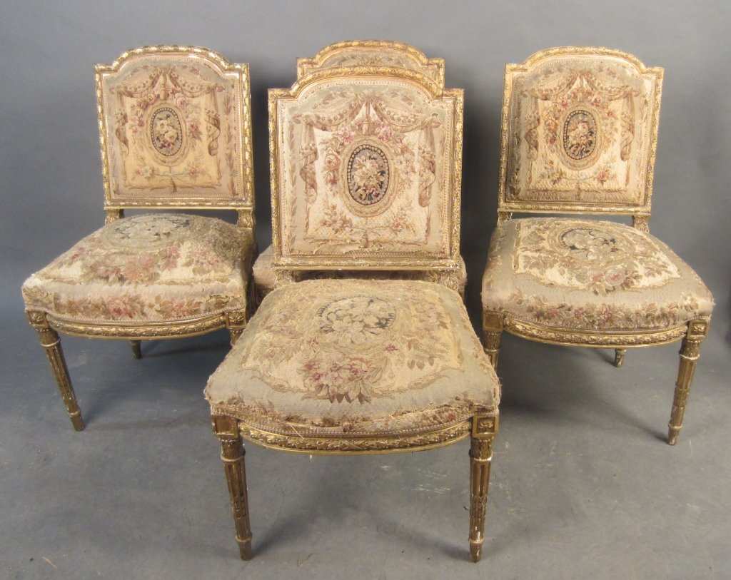 Set of 4 Aubusson Side Chairs, 19th C French: Set of 4 Louis XVI style gilt and aubusson side chairs, 19th Century French. matching previous lot Aubusson is AS IS CONDITION Height: 34 1/2", Width: 20"