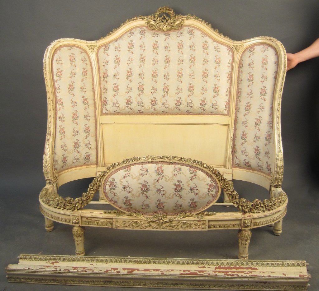 Louis XVI Style Upholstered and Carved Wood Bed: 19th Century Louis XVI style carved, painted & upholstered wood bed. Fits double bed. Height of headboard: 54", Width: 57", Height of footboard: 24", Width: 57"