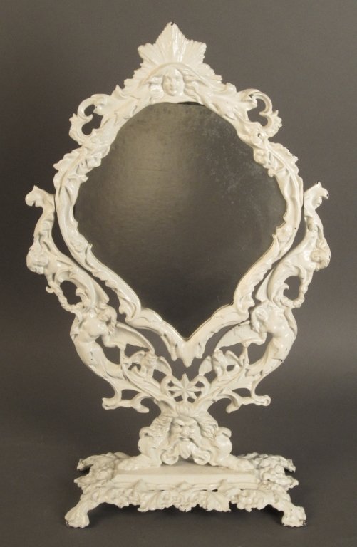 Painted Victorian Figural Cast Iron Table Mirror: Painted Victorian figural cast iron table mirror, circa 1900 Height: 19 1/2", Width: 13"