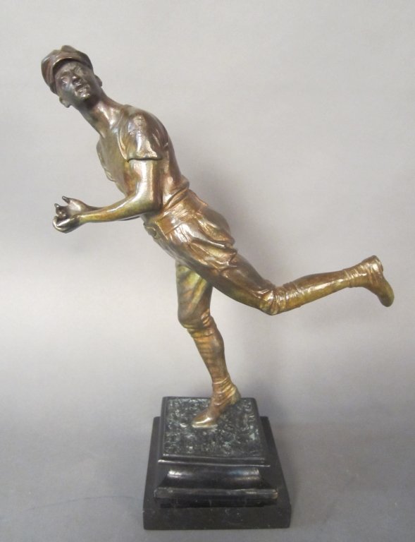 After: Henry Kirke Bush-Brown (1857-1935): After: Henry Kirke Bush-Brown (1857-1935) Bronze baseball player preparing to catch a fly ball, on marble base. unsigned Height: 13 1/2", Width: 9 3/4"
